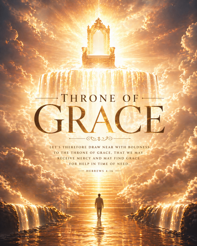 Daily Dose Scripture - Hebrews 4:16 - Person walking boldly up golden steps toward a radiant throne surrounded by clouds and waterfalls with the words Throne of Grace and Hebrews 4:16