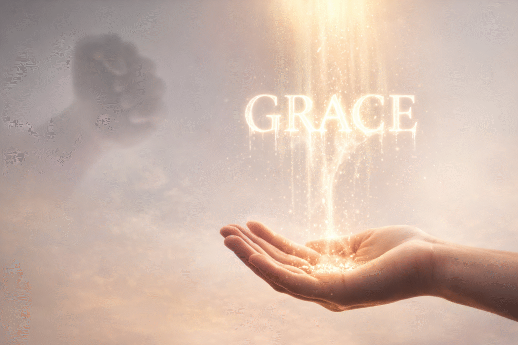 Daily Dose Scripture - James 4:6 - Open hand receiving glowing light pouring down from above spelling the word Grace against a soft misty sky - God gives grace to the humble