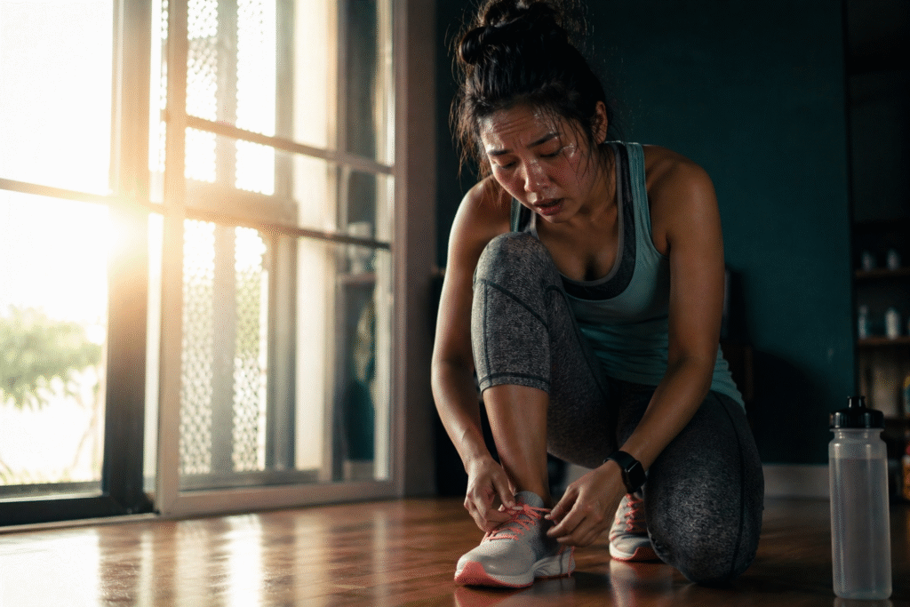 Woman tying running shoes showing up for workout despite lack of motivation demonstrating faithfulness over feelings