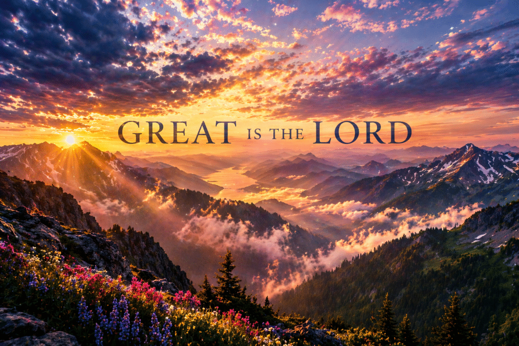 Daily Dose Scripture - Psalm 145:3 - Breathtaking sunrise over vast mountain ranges with wildflowers in the foreground, clouds glowing gold and purple, and the words Great Is the Lord - His greatness is unsearchable