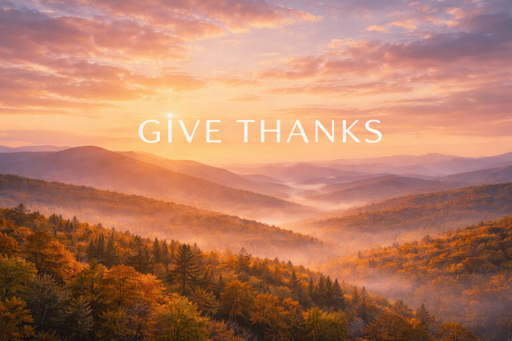 Daily Dose Scripture - Psalm 9:1 - Golden sunrise over misty autumn mountain valleys with the words Give Thanks