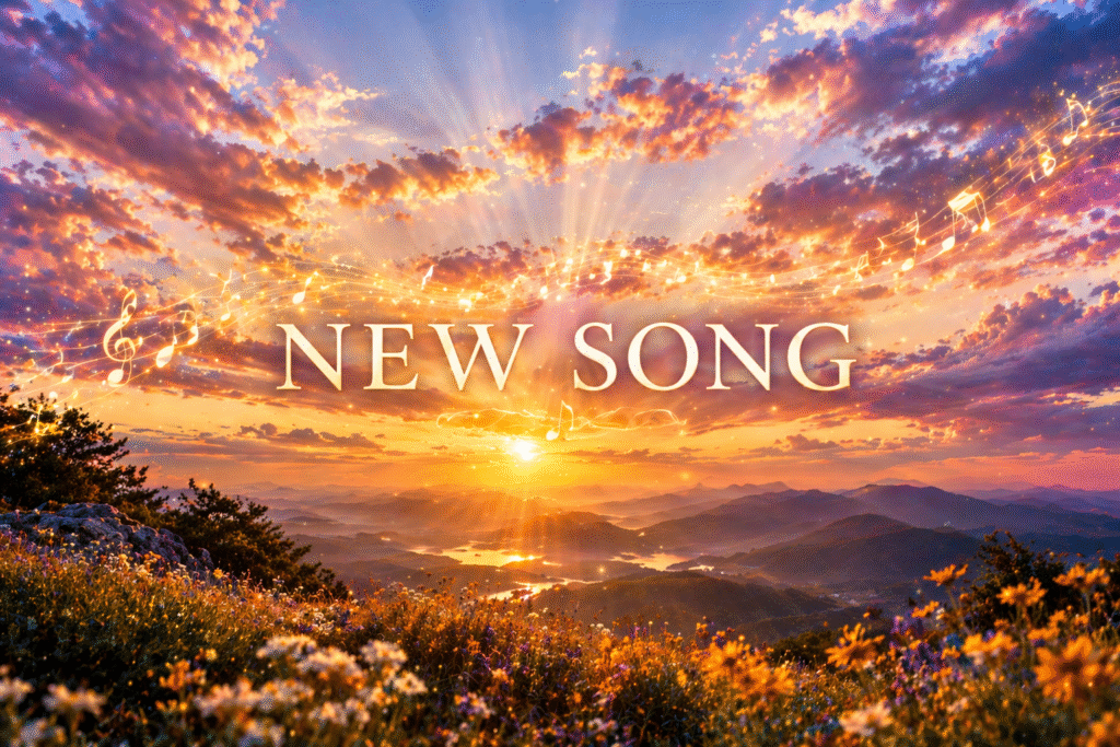 Daily Dose Scripture - Psalm 98:1 - Vibrant sunset over mountains and wildflowers with glowing musical notes floating across the sky and the words New Song - Sing to the Lord a New Song