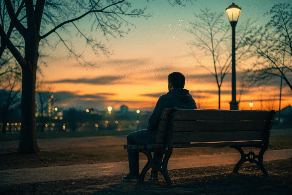 Person sitting alone on park bench at sunset feeling forgotten but waiting on God's presence
