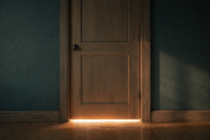 Closed wooden door with warm light underneath symbolizing hope and God's redirection beyond closed opportunities