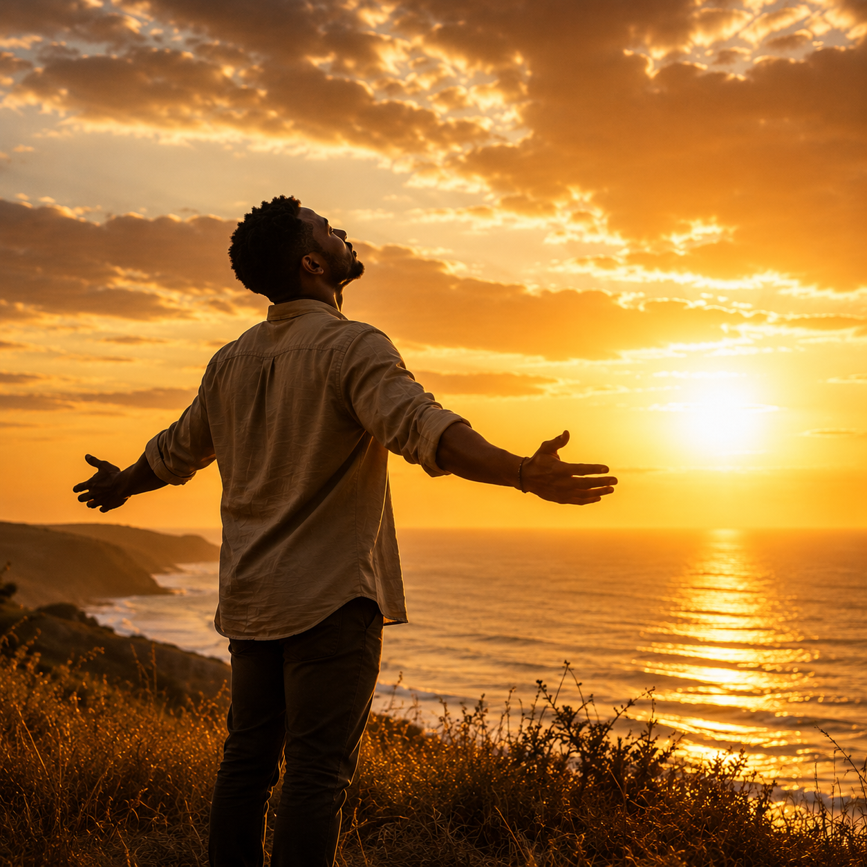 A person standing at the edge of the ocean at sunset with arms open wide in complete surrender representing letting God fight your battles in Exodus 14:14