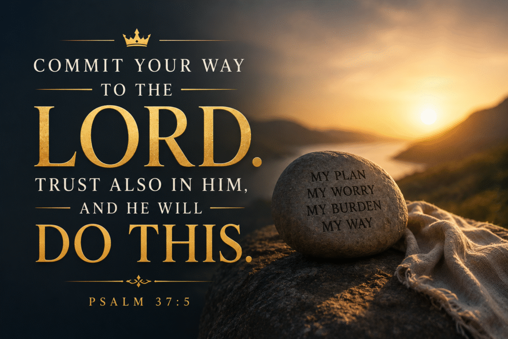 Daily Dose Scripture - Psalm 37:5 - Stone engraved with My Plan My Worry My Burden My Way sitting on a rocky ledge at golden sunset with the words Commit Your Way to the Lord Trust Also in Him and He Will Do This
