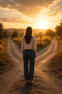 A woman standing at a crossroads on an open road at golden hour representing trusting God's plan for your future in Jeremiah 29:11.