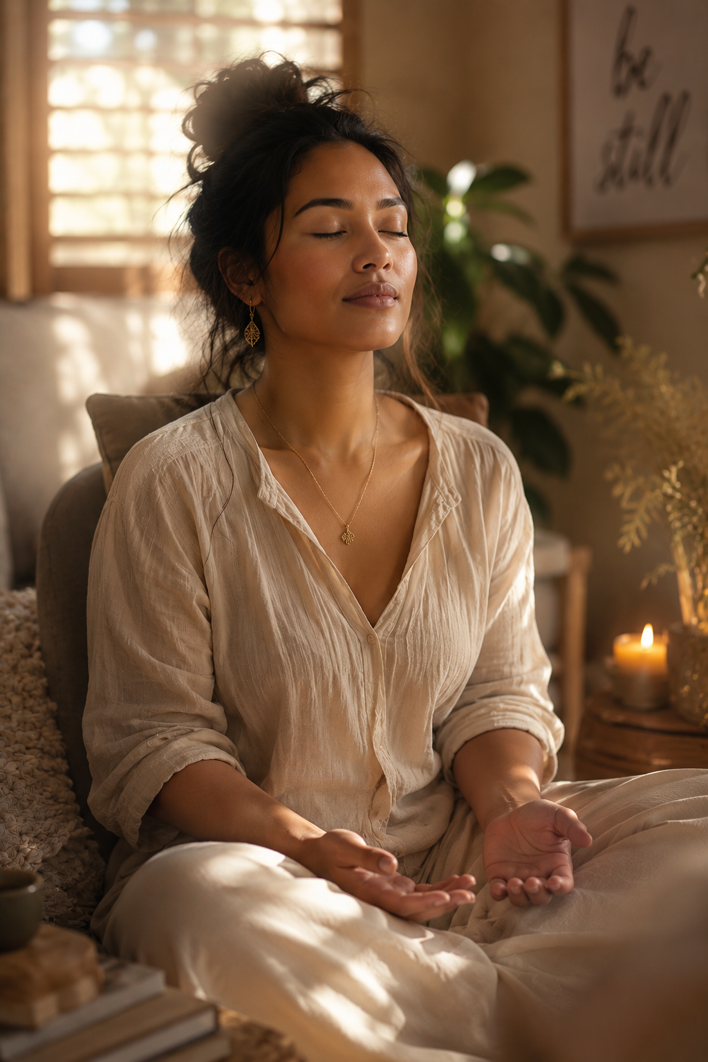 A woman sitting quietly with open hands in her lap representing releasing worry and casting anxiety on God in 1 Peter 5:7