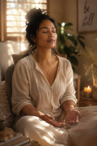 A woman sitting quietly with open hands in her lap representing releasing worry and casting anxiety on God in 1 Peter 5:7.