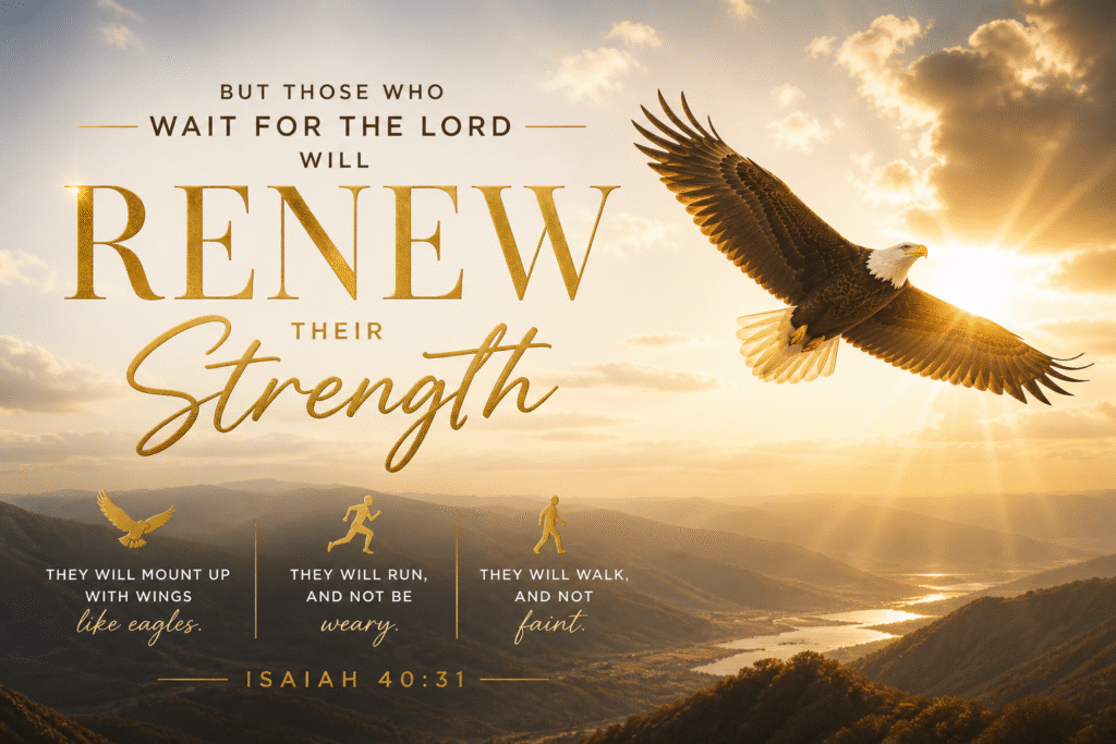 Daily Dose Scripture - Isaiah 40:31 - Bald eagle soaring over golden mountain valley at sunrise with the full text of Isaiah 40:31 - Those who wait for the Lord will renew their strength, mount up with wings like eagles, run and not be weary, walk and not faint