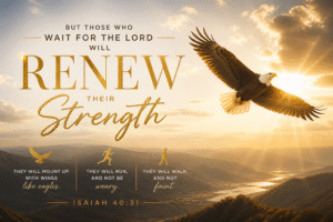 Daily Dose Scripture - Isaiah 40:31 - Bald eagle soaring over golden mountain valley at sunrise with the full text of Isaiah 40:31 - Those who wait for the Lord will renew their strength, mount up with wings like eagles, run and not be weary, walk and not faint