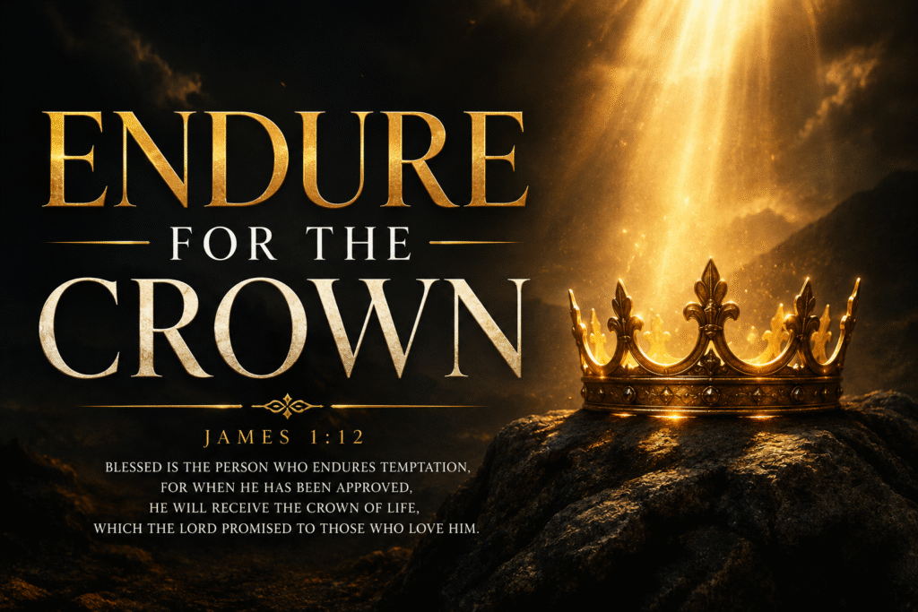 Daily Dose Scripture - James 1:12 - Golden crown glowing on a dark rocky surface with rays of light breaking through storm clouds and the words Endure for the Crown and the full text of James 1:12
