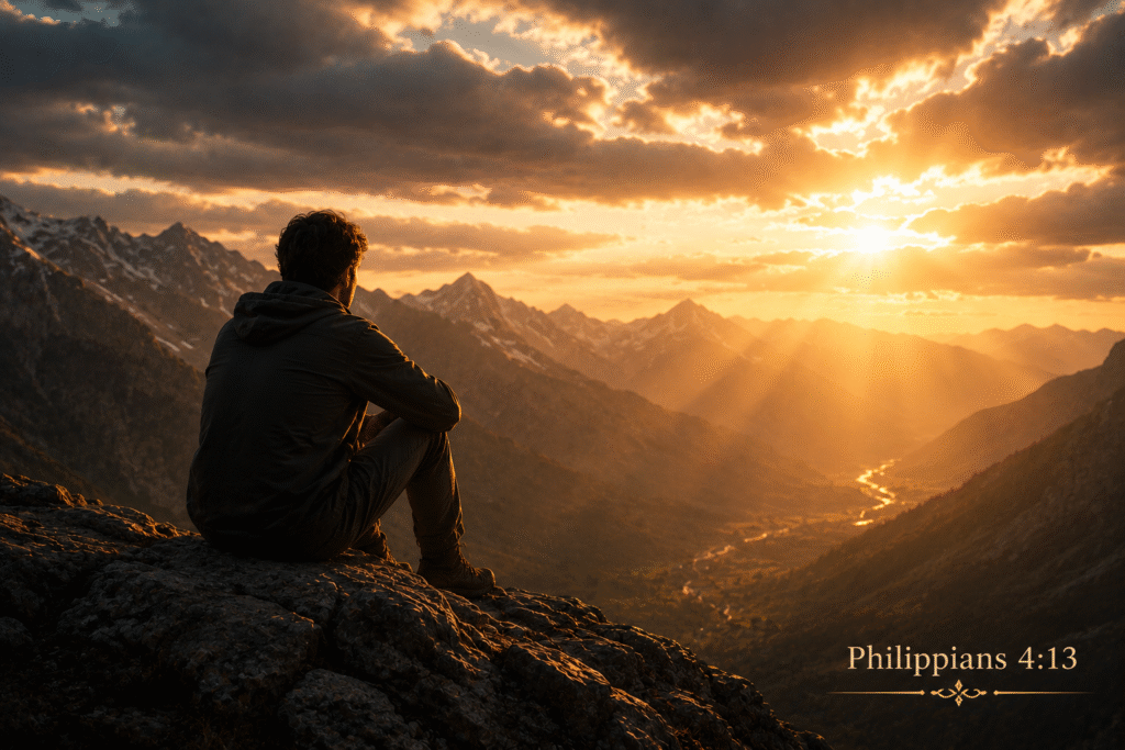 Daily Dose Scripture - Philippians 4:13 - Man sitting on a rocky mountain summit overlooking a vast golden valley at sunset with rays of light breaking through storm clouds - I can do all things through Christ who strengthens me