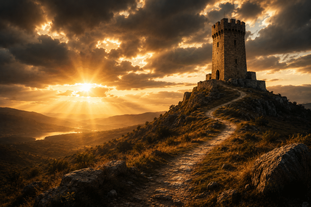 Daily Dose Scripture - Proverbs 18:10 - Ancient stone tower standing on a hilltop with a winding path leading to it against a dramatic golden sunset sky - The Lord's name is a strong tower the righteous run to him and are safe