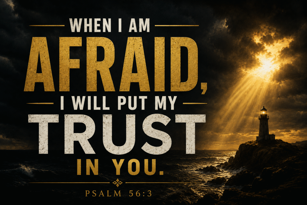 Daily Dose Scripture - Psalm 56:3 - Stormy dark ocean with a lighthouse standing firm as golden light breaks through the clouds and the full text of Psalm 56:3 - When I am afraid I will put my trust in you