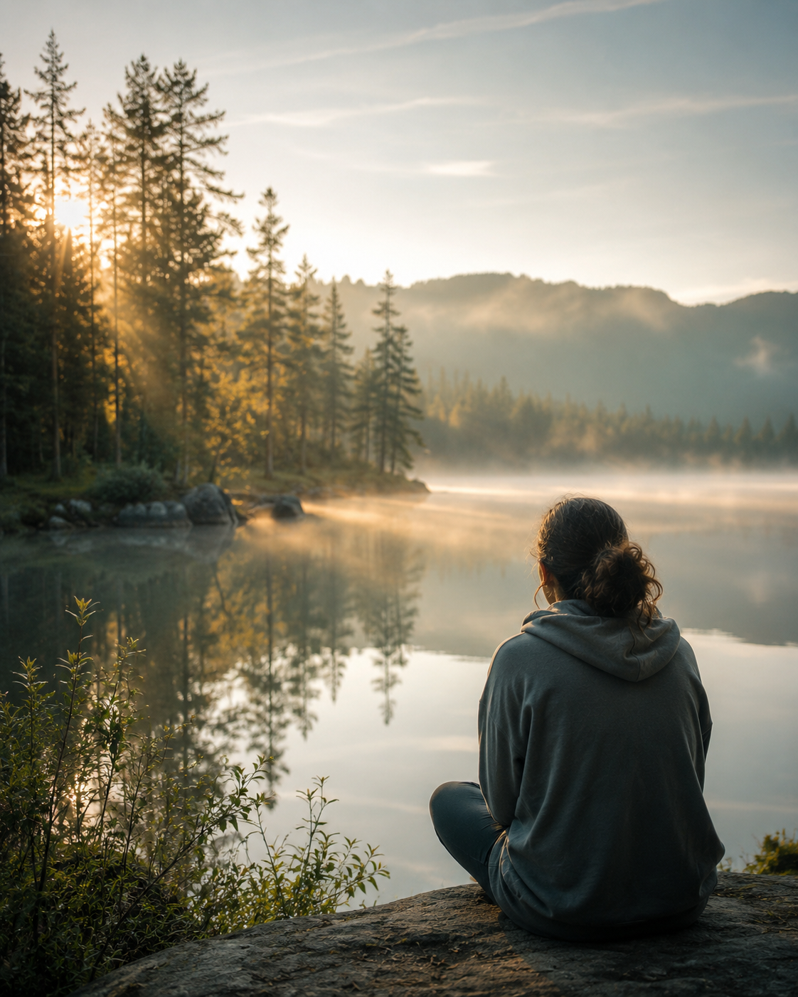 Woman sitting peacefully by lake in quiet solitude listening for God's voice in the stillness
