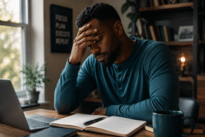 Man with hand on forehead struggling with overthinking and mental stress choosing to trust God instead