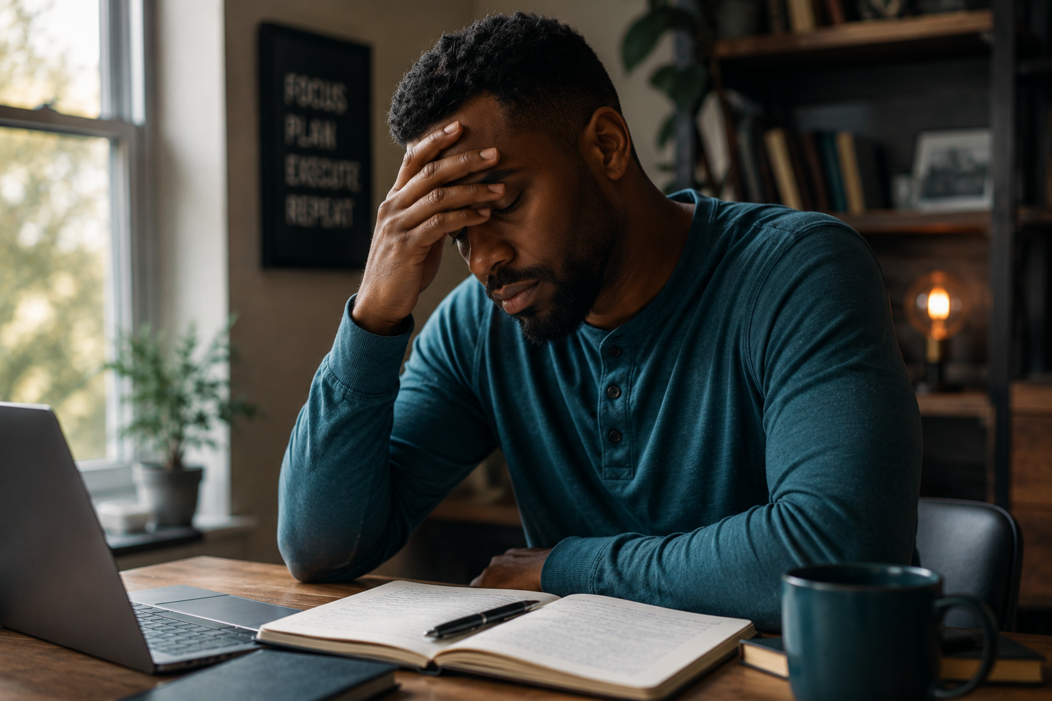 Man with hand on forehead struggling with overthinking and mental stress choosing to trust God instead