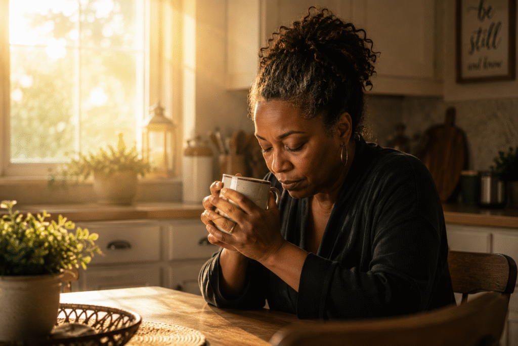 A woman kneeling in prayer beside a window with soft morning light representing choosing prayer over anxiety and panic.