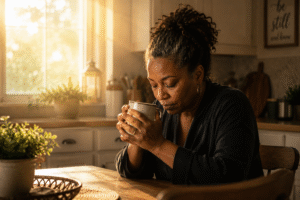A woman kneeling in prayer beside a window with soft morning light representing choosing prayer over anxiety and panic.