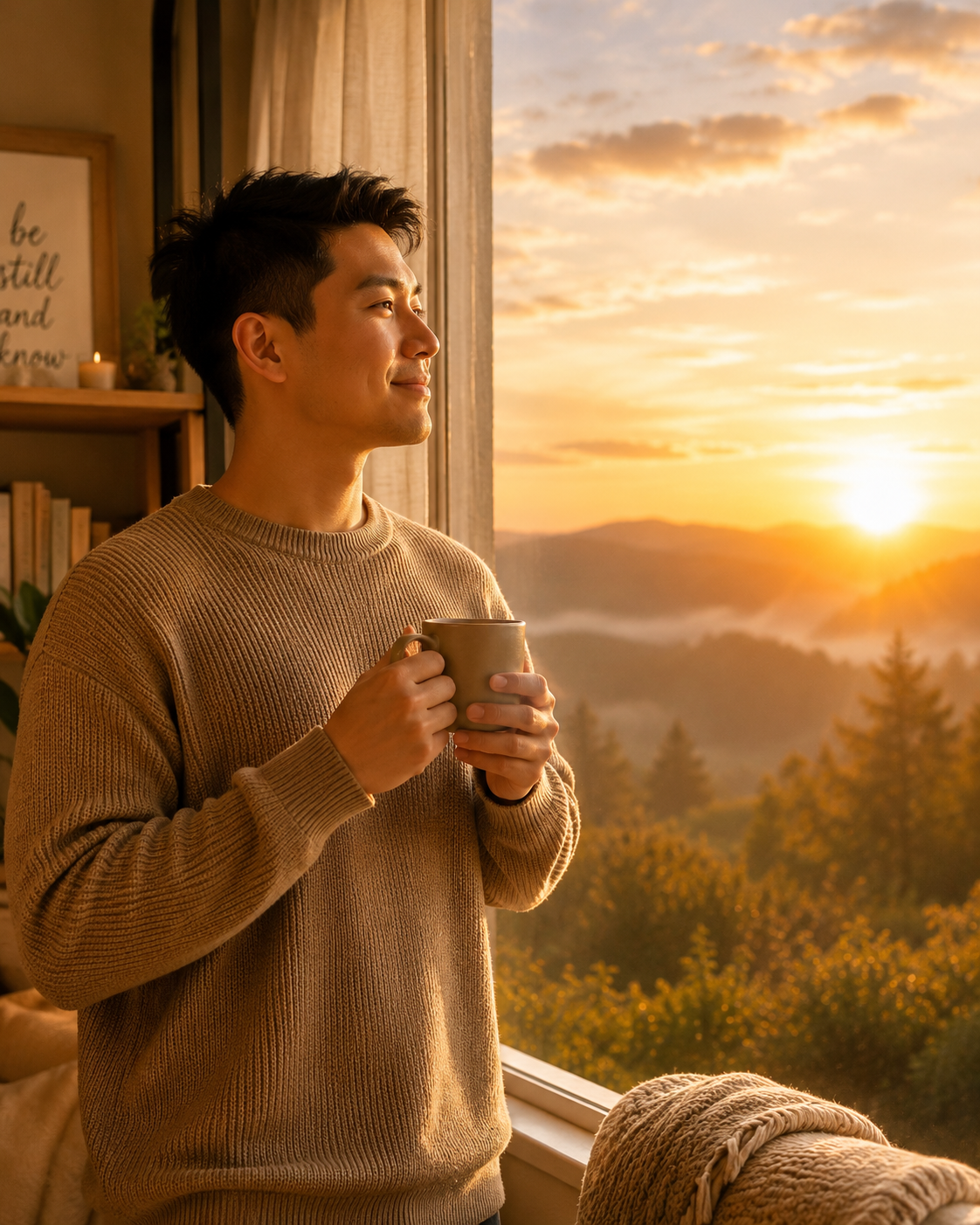 A woman standing at a window watching the sunrise with hands wrapped around a coffee mug representing choosing joy and gratitude in each new day from Psalm 118:24
