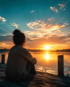 Woman sitting on dock at sunrise peacefully waiting on God with purpose and patience