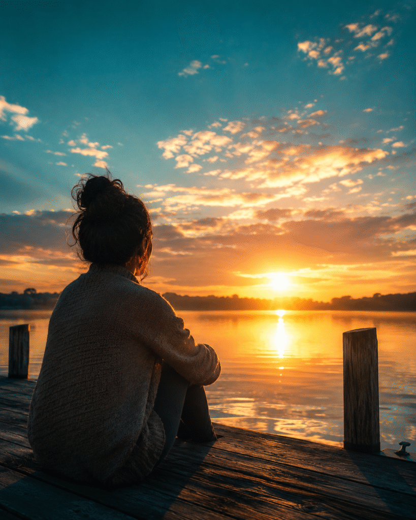 Woman sitting on dock at sunrise peacefully waiting on God with purpose and patience