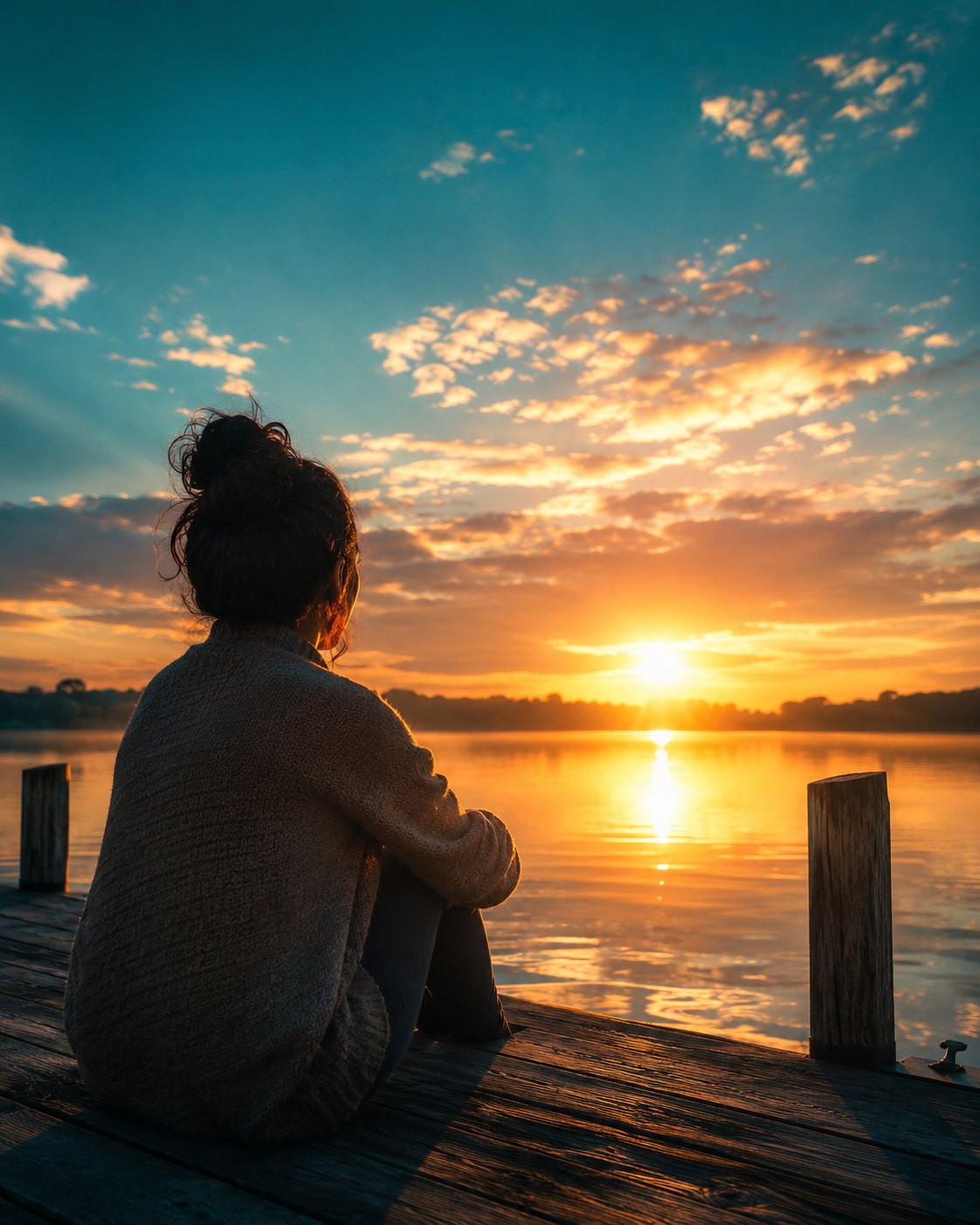Woman sitting on dock at sunrise peacefully waiting on God with purpose and patience