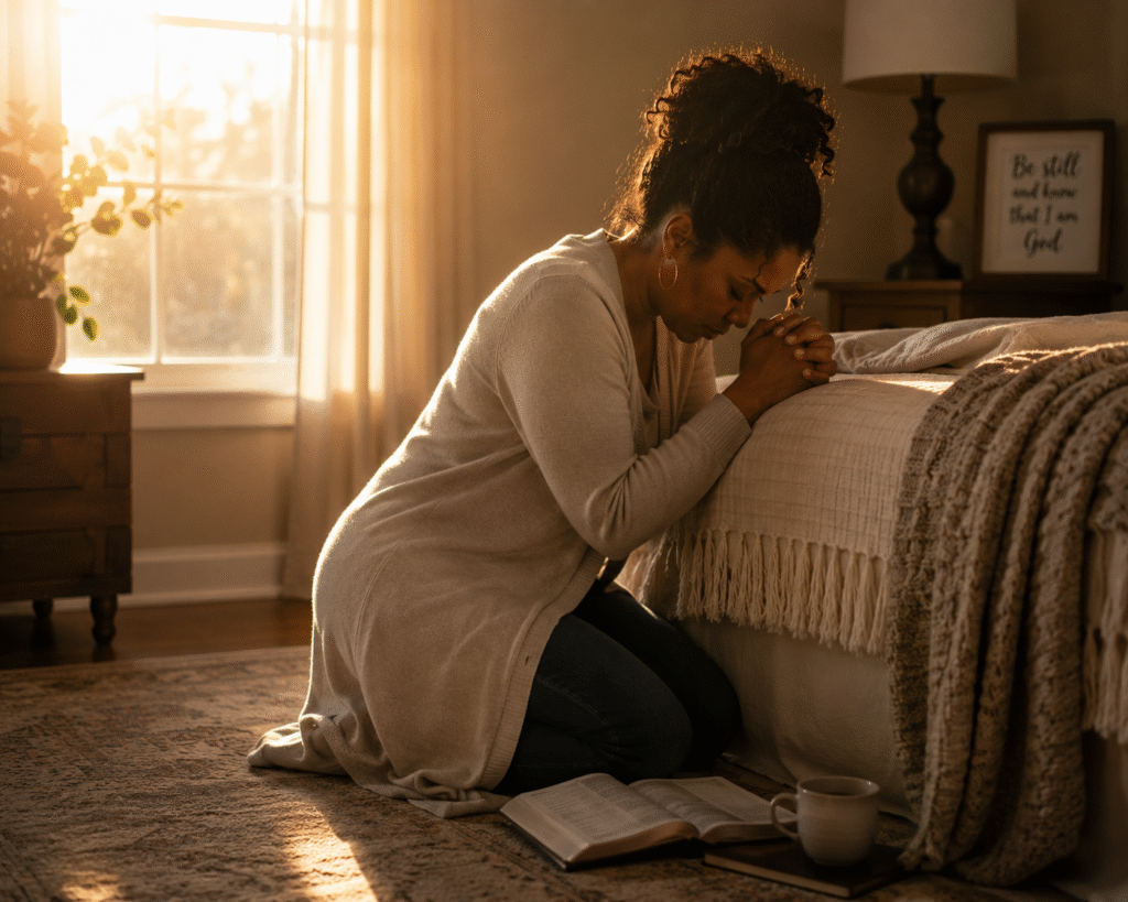 A woman kneeling in prayer beside a window with soft morning light representing choosing prayer over anxiety and panic.