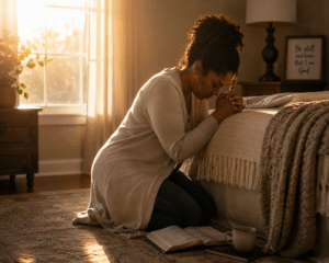 A woman kneeling in prayer beside a window with soft morning light representing choosing prayer over anxiety and panic.