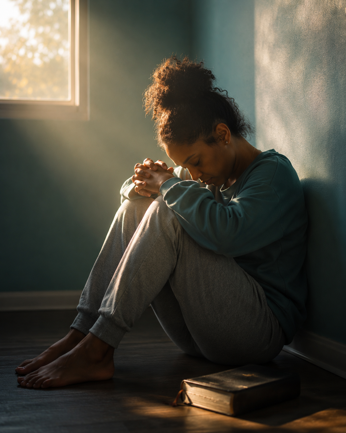 Woman praying in exhaustion surrendering burden to God when too tired to fight anymore