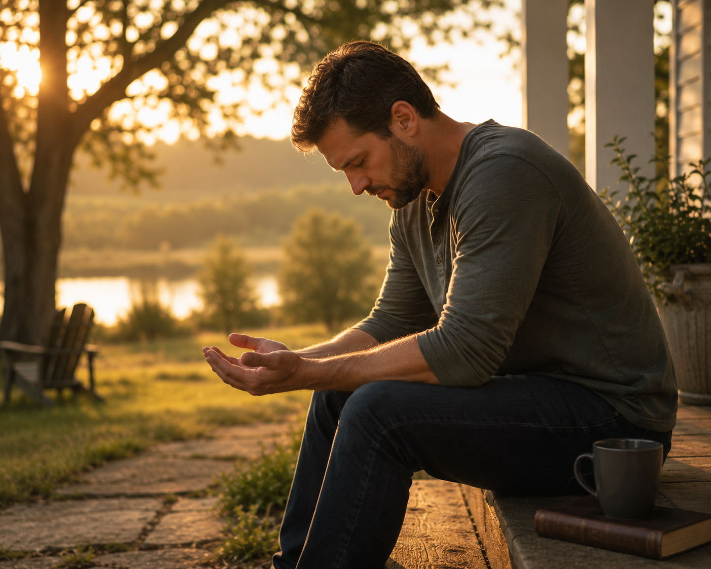 A person sitting alone with head bowed and hands open in surrender representing weakness becoming strength through God's power in Isaiah 40:29