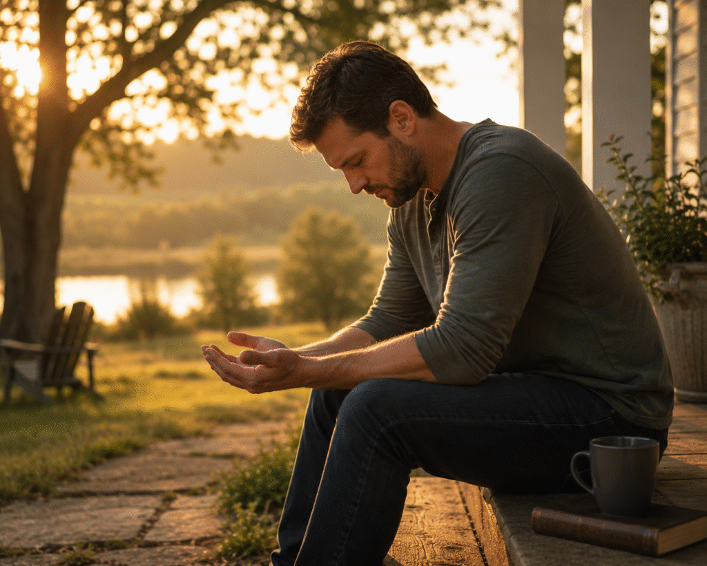 A person sitting alone with head bowed and hands open in surrender representing weakness becoming strength through God's power in Isaiah 40:29.