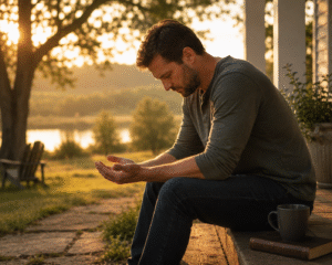 A person sitting alone with head bowed and hands open in surrender representing weakness becoming strength through God's power in Isaiah 40:29.