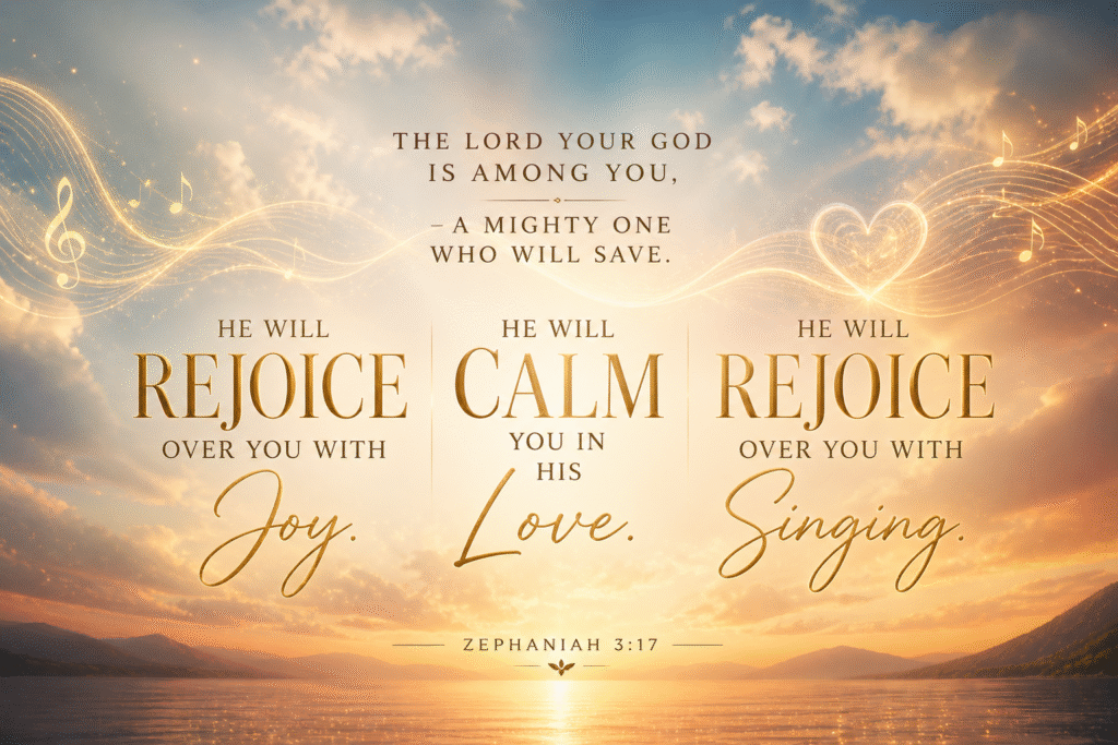 Daily Dose Scripture - Zephaniah 3:17 - Golden sunset over calm water with glowing musical notes and a heart of light with the three promises of Zephaniah 3:17 - He will rejoice over you with joy, He will calm you in his love, He will rejoice over you with singing