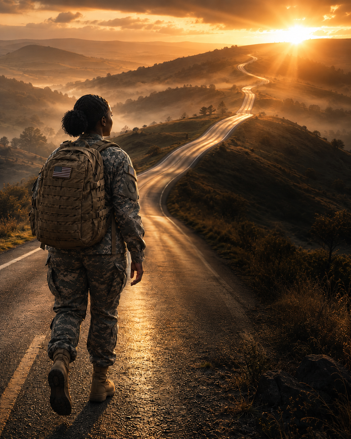 A soldier walking a long road at dawn with a heavy pack representing keeping the mind fixed on God through the hardest mile in Isaiah 26:3