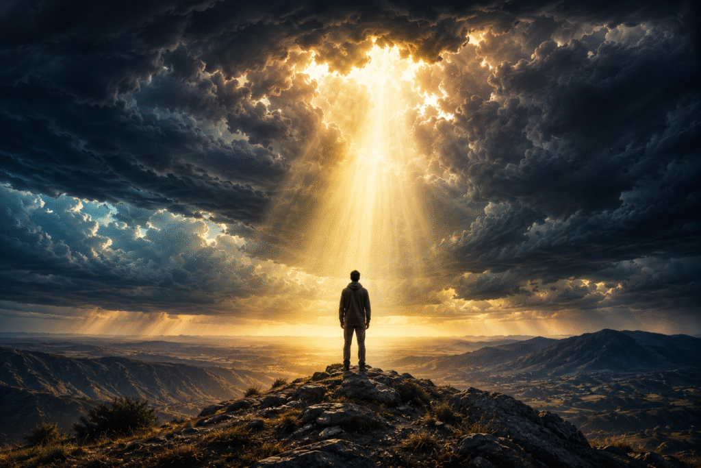 ark stormy sky with a single beam of light breaking through — 10 signs you are under spiritual attack