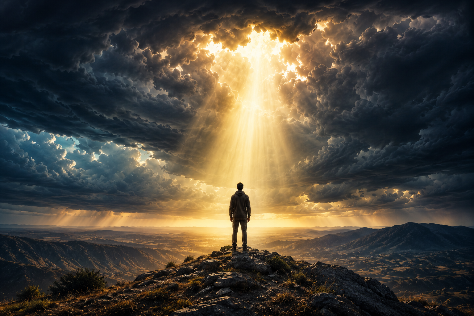 ark stormy sky with a single beam of light breaking through — 10 signs you are under spiritual attack