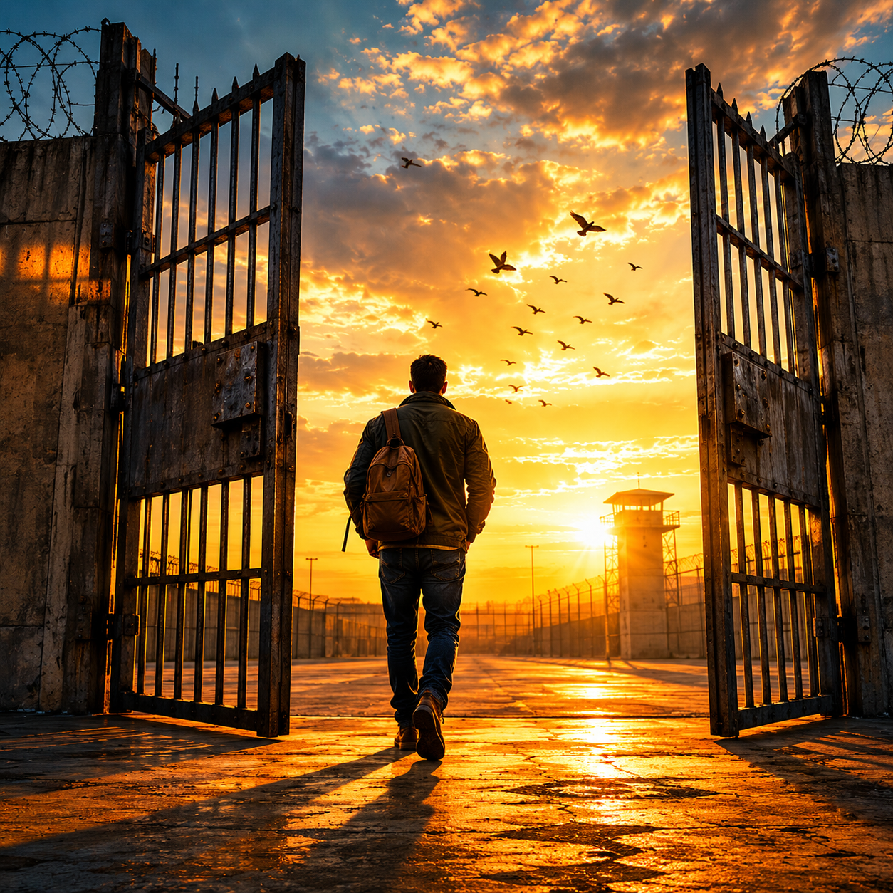 A person walking through open prison gates toward brilliant golden light representing seeking God's kingdom first and watching everything else be added in Matthew 6:33