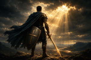 Ancient warrior silhouette standing on a hilltop at sunrise — how to put on the full armor of God