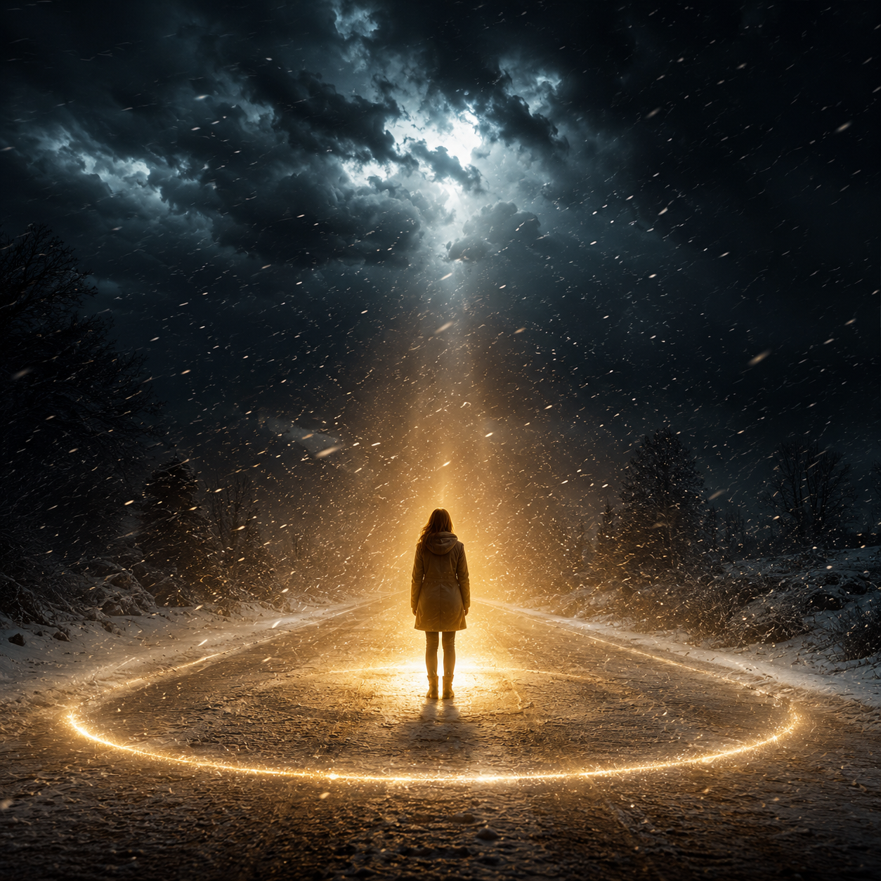 A person standing in the middle of a storm with God's protective light surrounding them representing Psalm 46:1 God is our refuge and strength