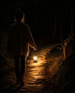 A person walking on a dimly lit path holding a small lamp illuminating only the next few steps representing trusting God one step at a time in Psalm 119:105