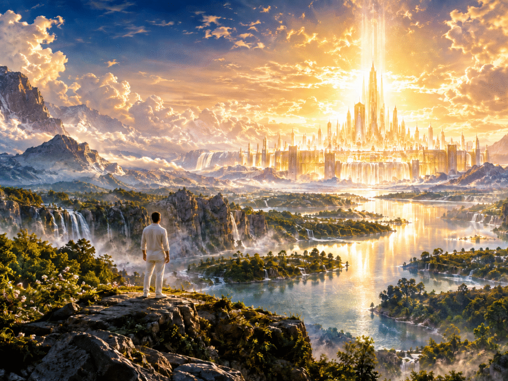 Breathtaking light breaking through clouds over a vast mountain range — what will heaven really be like